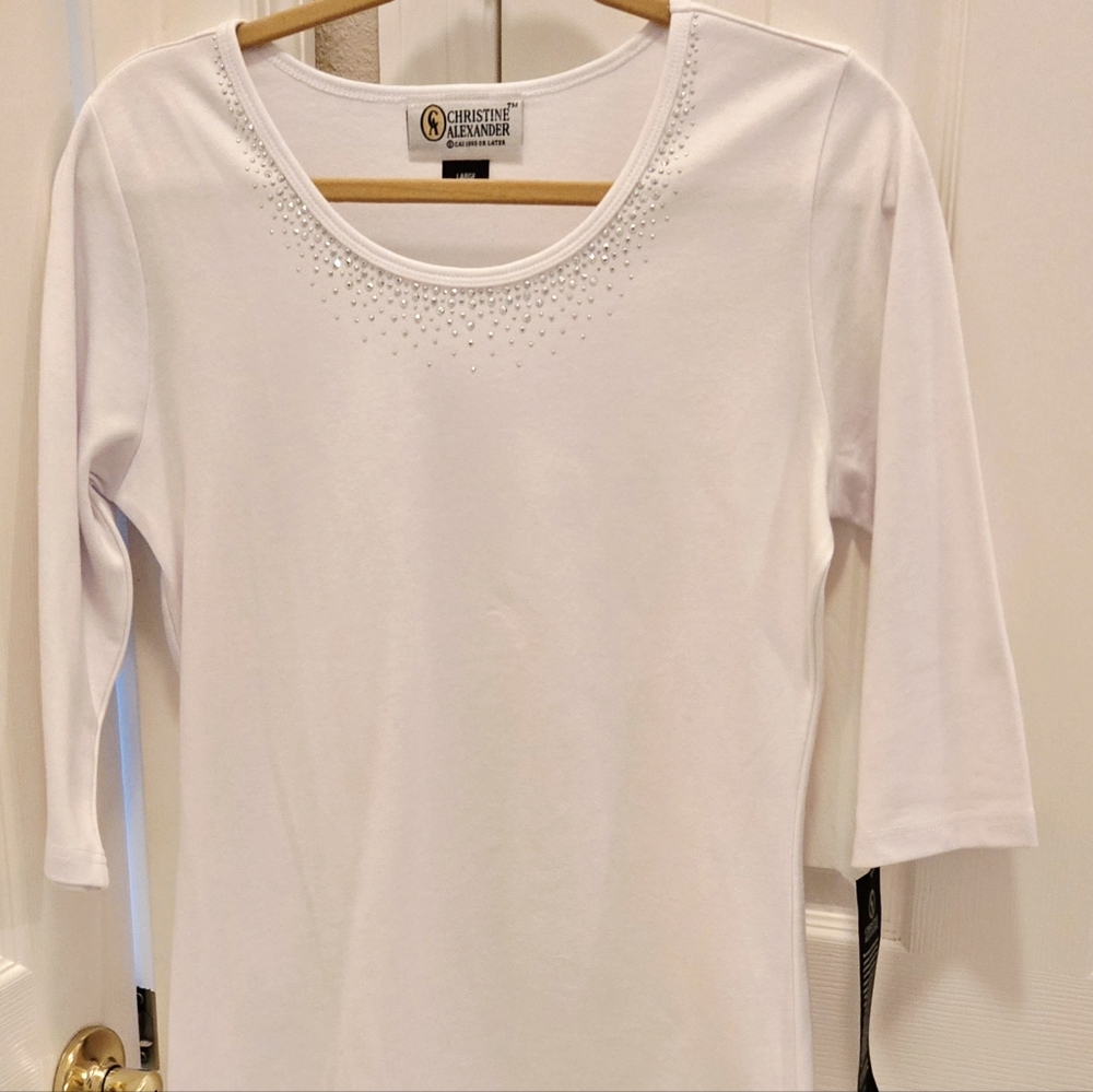 Christine Alexander White Fitted 3/4 Sleeve T-shirt With Swzrovski Elements